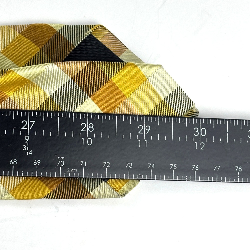 Geoffrey Beene Silk Tie Mens OS Yellow Brown Plaid Diagonal Check Preppy Retro - Picture 3 of 5